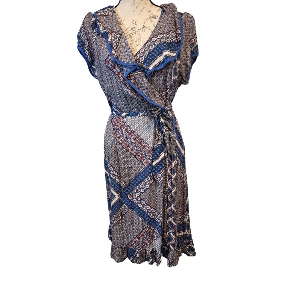 Papillon Patchwork Midi Dress Lg‎ Wrap Ruffles Dark Cottagecore Fall Autumn Boho